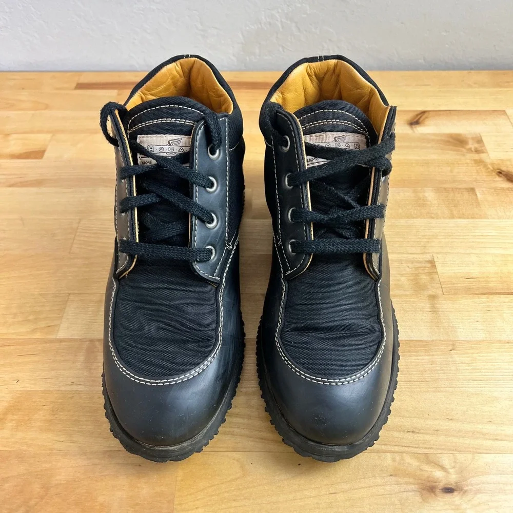 Hogan Black Leather Canvas Lace Up Ankle Boots Italian Designer Shoes‎ Size 39